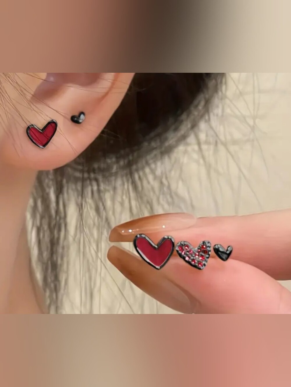 Red Heart Stud Earrings Set Black Silver Tone Rhinestone Y2K Love Jewelry